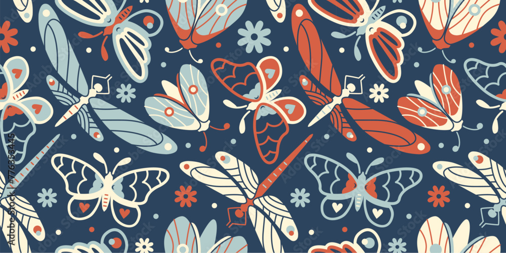 Retro boho style seamless wallpaper. Vector background with moth, butterflies and dragonfly. Dark spring garden aesthetic. Limited palette seamless graphic for fabric, backdrop