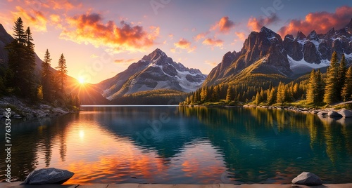 Serene mountain lake during sunset, with the sun setting behind the jagged peaks, casting a warm orange glow over the landscape. Generative AI 