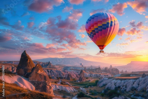 Hot Air Balloon Adventure at Sunset: Flying Over Top Landmarks and Caves on a Unique Mountain Journey © Serhii
