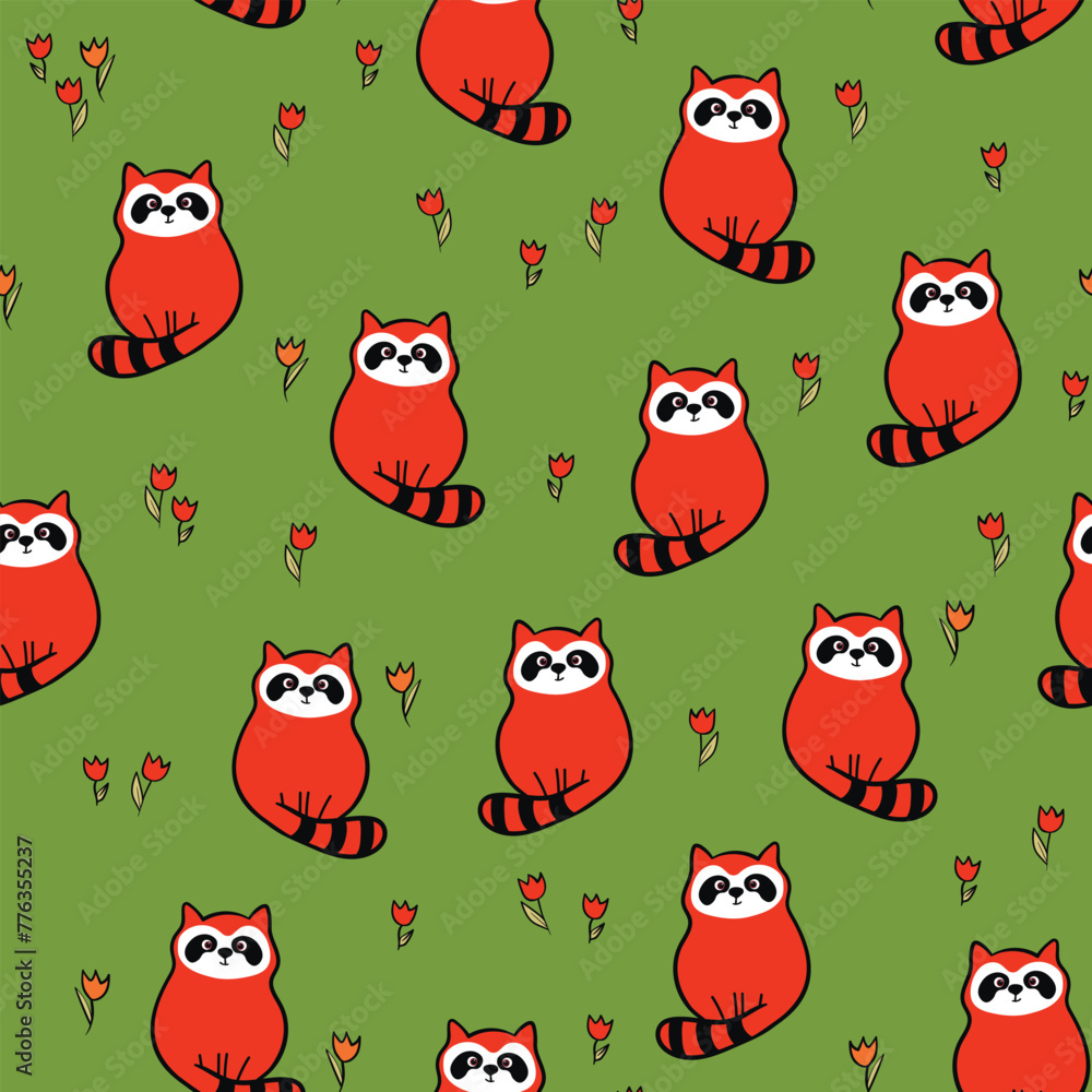 Naklejka premium Vector seamless repeating childish pattern with cute raccoon in doodle style. Animals background for invitation, poster, card, flyer, textile, fabric