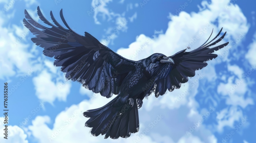 Naklejka premium Common Raven in Flight: Majestic Black Bird Soars Wild and Free in the Blue Sky