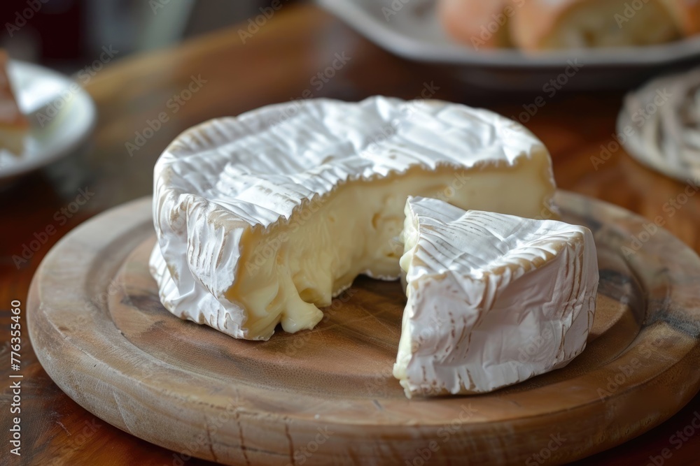Creamy Camembert Cheese Cut on White Background. Delicious Dairy Product with Soft Texture