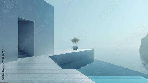 Minimal architecture building with view on the sea. Marble floor and wall. Background empty wide space for mock up, © mallmo
