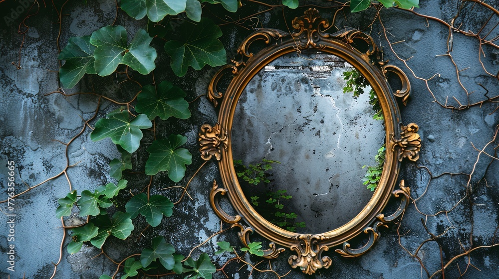 Old antique mirror on an old concrete wall, green plants.