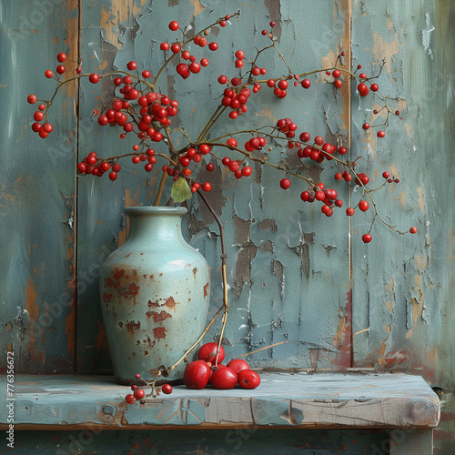 Grunge minimalist still life: ceramic blue vase, red apples and a branch with red berries against a scratched wall