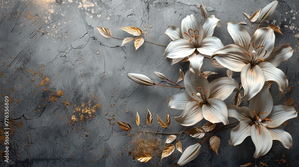 White lilies on an old concrete wall with gold elements. - obrazy, fototapety, plakaty 
