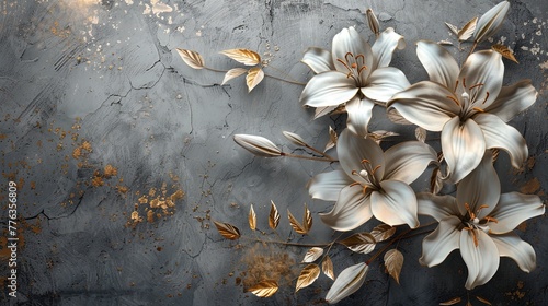 White lilies on an old concrete wall with gold elements. © MiaStendal
