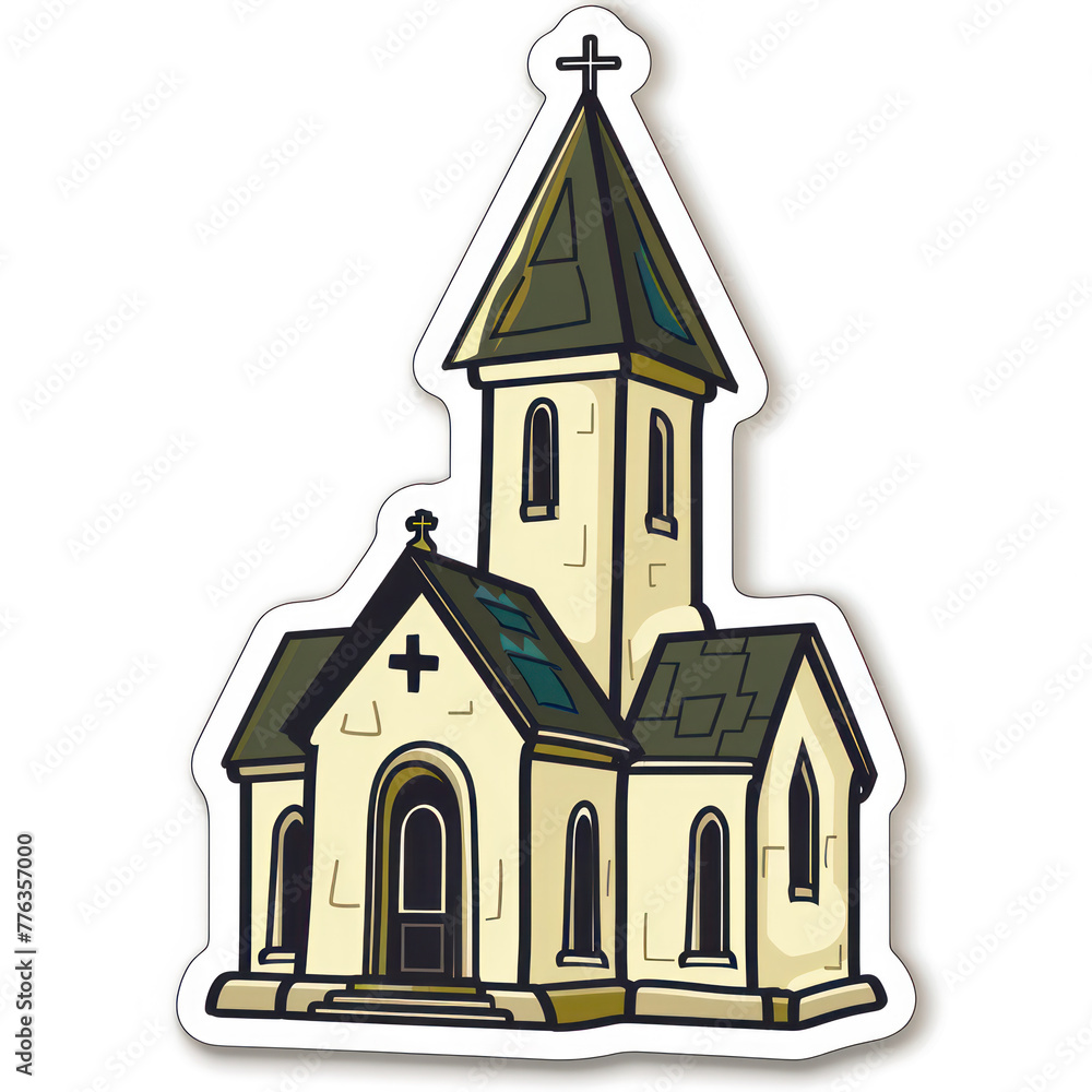 Sanctuary Silhouette: Sticker Illustration of a Classic Church with a Stately Steeple