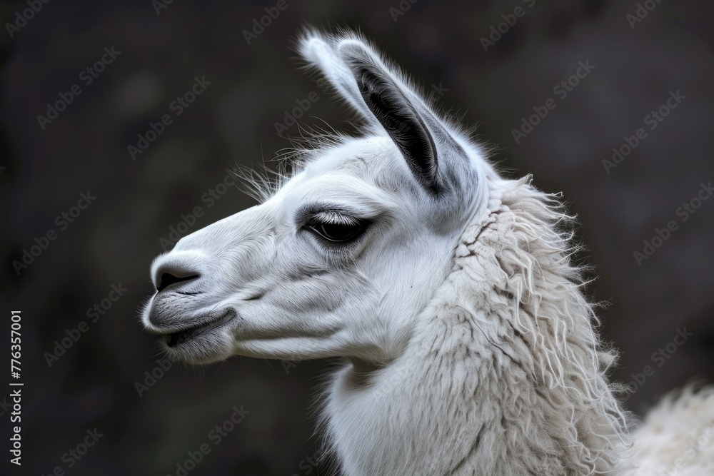 Portrait of a White, Fluffy Llama with Beautiful Fur in Argentine Nature Environment