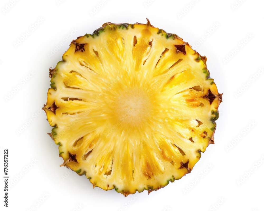 Top View of Isolated Pineapple Slice on a White Background with Juice. Perfect for Canned Fruit or Food Related Designs Top View of Isolated Pineapple Slice on a White Background with Juice. Perfect for Canned Fruit or Food Related Designs