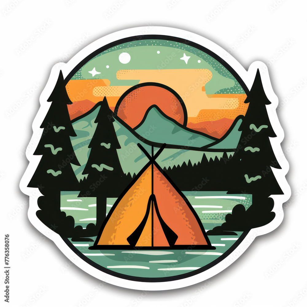 Camping by the Lake at Sunrise Sticker Design