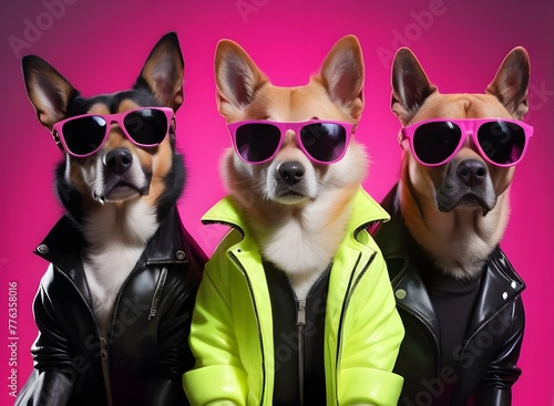 Three stylish dogs wearing sunglasses and black jackets posing with serious behavior on neon background. Generative AI © Carlos