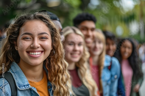 Smiling portrait of a diverse group of students on a college campus