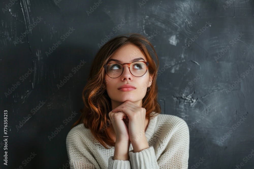 woman thinking about an idea Isolated on dark grey white background woman thinking about an idea Isolated on dark grey white background