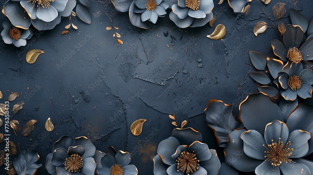Fototapeta premium Decorative blue volumetric flowers on an old concrete wall.