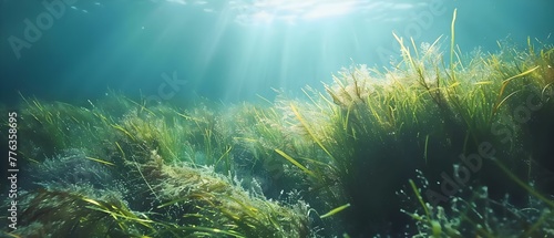 Seagrass gently sways on the ocean floor in high-quality video. Concept Seagrass, Ocean Floor, High-Quality Video, Nature Footage