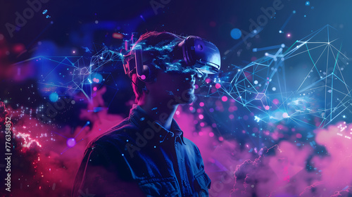  man wearing VR glasses is immersed in the digital world of virtual reality, surrounded by glowing data connections and holographic projections. The background has an abstract style with dark blue 