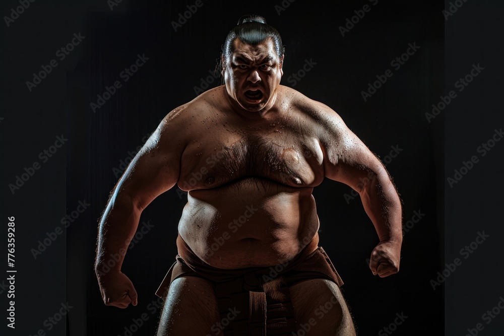 Full body Portrait of angry sumo wrestler isolated black background