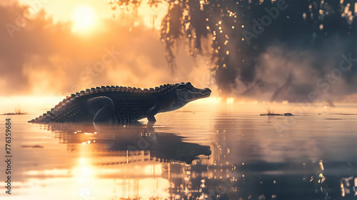 Graceful alligator poised at the edge of a shimmering lake  the reflection of its formidable silhouette rippling in the water