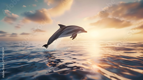 Graceful dolphin leaping from crystal-clear waters against a sunlit horizon  with tranquil seascape in the backdrop