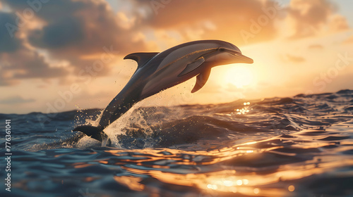 Graceful dolphin leaping from crystal-clear waters against a sunlit horizon  with tranquil seascape in the backdrop