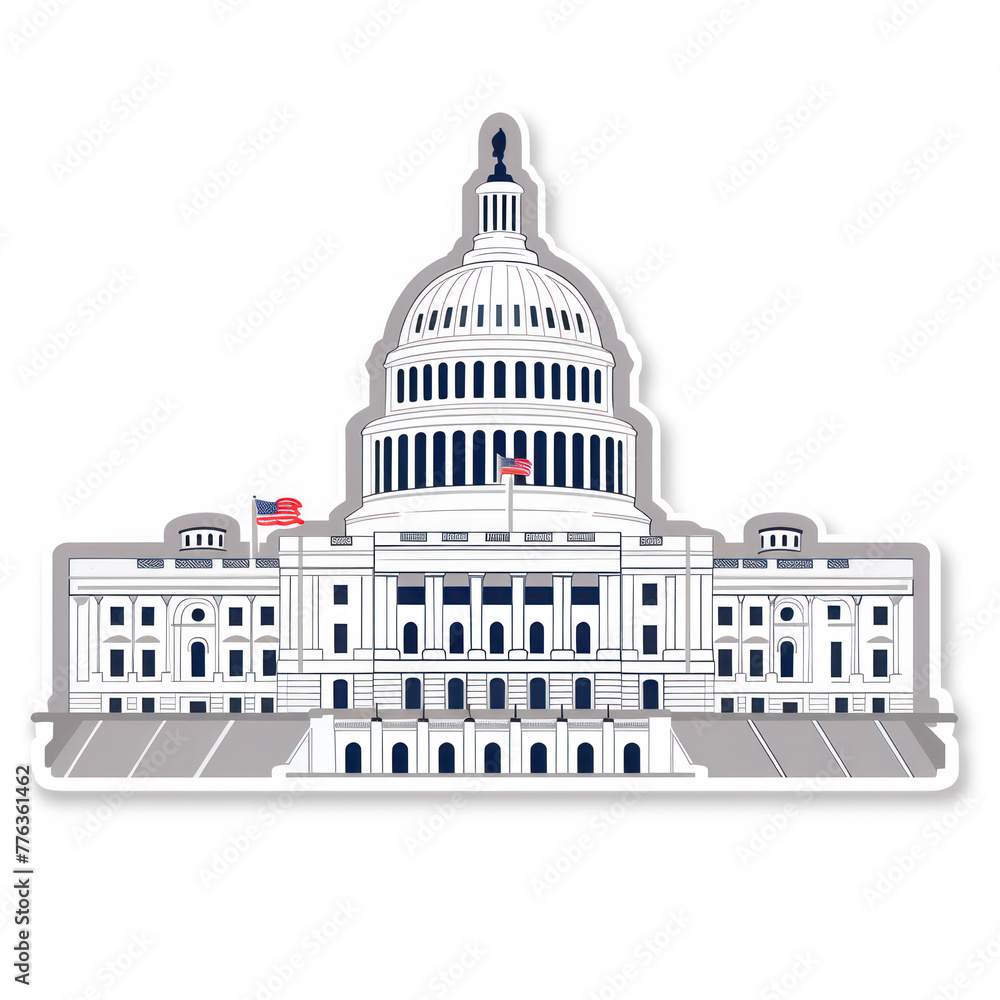 A die-cut sticker of the United States Capitol Building, depicted in a detailed, layered graphic style with a white outline.