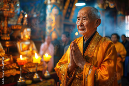 portrait priest and believers pray in the temple
