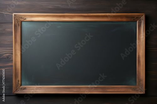 Blank blackboard on wooden background. Mock up. 3D Rendering