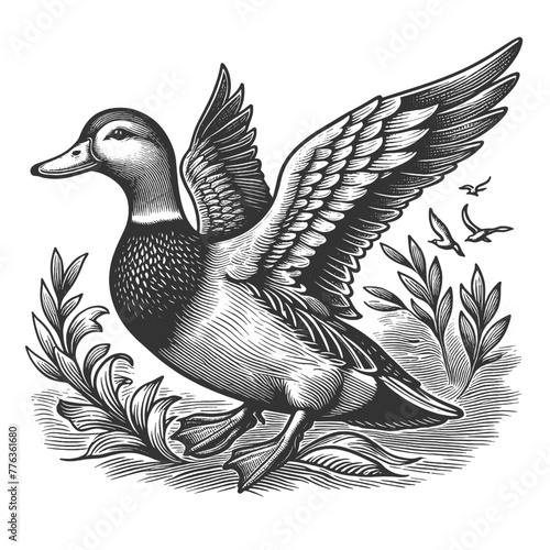 mallard duck taking flight among reeds, with a detailed feather pattern and dynamic pose sketch engraving generative ai vector illustration. Scratch board imitation. Black and white image.