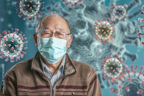 Senior asian man with mask on face on virus protection background