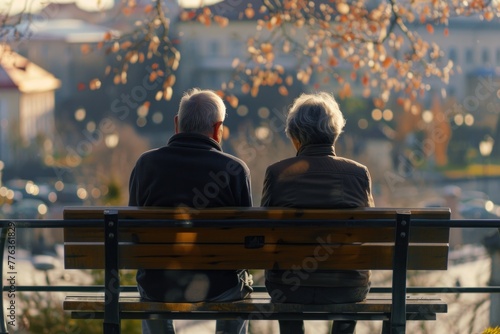 senior couple sitting on the bench photo