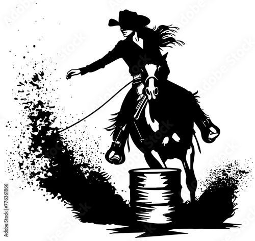 silhouette of a cowgirl and her horse barrel racing with dirt and mud flying showing motion 