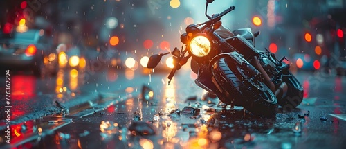 Motorcycle Accident in City Street: Damaged Bike and Personal Injury Lawyer. Concept Motorcycle Accident, City Street, Damaged Bike, Personal Injury Lawyer