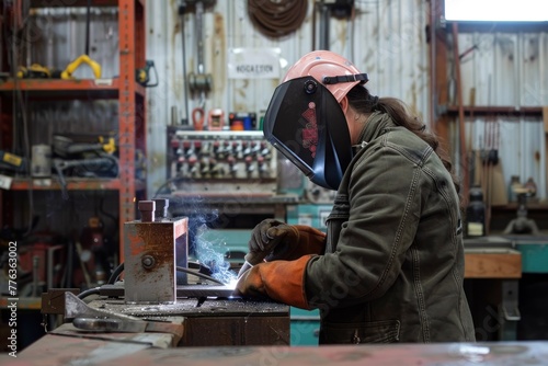 Woman in welding helmet working on piece of metal in workshop