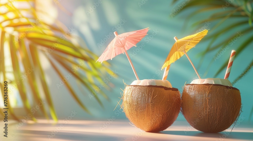 3D Blender model of cute coconut drinks with straws bright minimal style