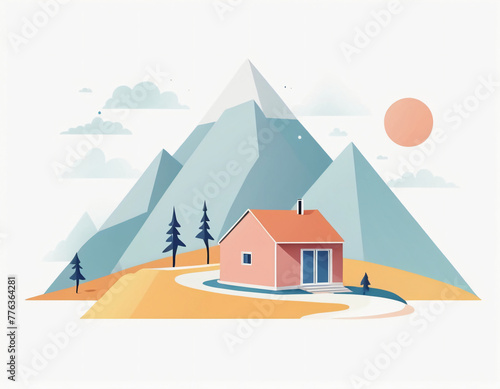 house on the hill with mountain landscape digital art