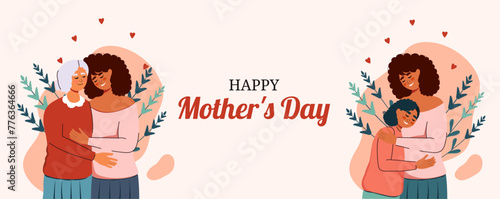 Trendy Mother's Day card. An elderly African-American woman hugs her daughter and a woman hugs a teenage girl. Generation and family. Mom with children. Vector. 12 May. Set of characters in flat style