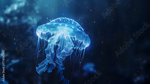 Luminous jellyfish drifting in the dark abyss, their translucent bodies radiating an otherworldly glow amidst the obsidian depths © MistoGraphy