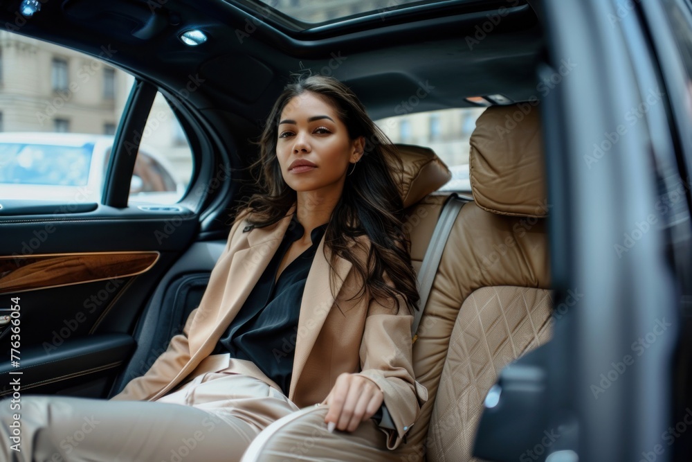 A business woman is sitting on the back seat of a luxury car