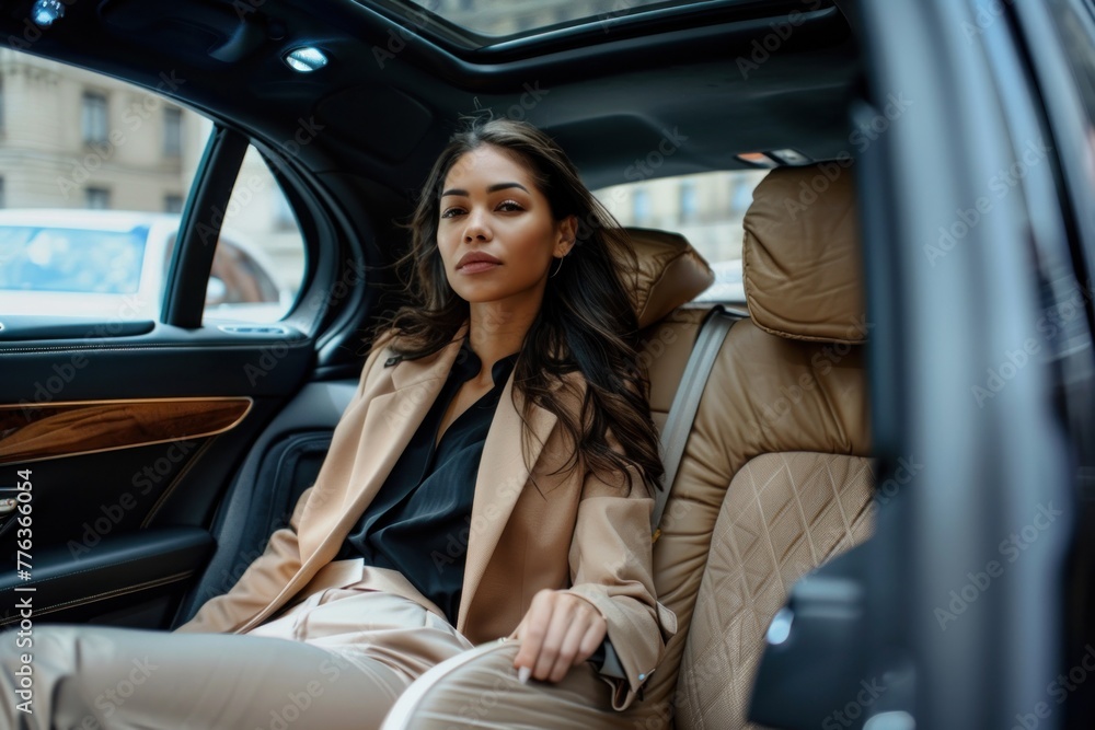 A business woman is sitting on the back seat of a luxury car A business woman is sitting on the back seat of a luxury car