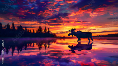 Magnificent moose silhouetted against a colorful sky during the enchanting hours of dawn, casting a reflection on the calm waters of a lake