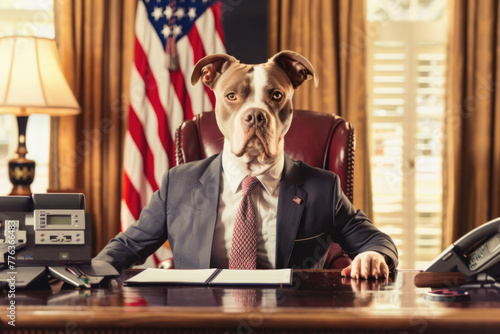 A dignified dog with a stern expression sits at a desk in an ornate office, resembling a leader, with the American flag in the background. photo