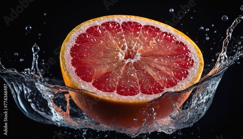 Fresh grapefruit plunging into water  creating dynamic splashes against a sleek black backdrop  a burst of citrusy freshness