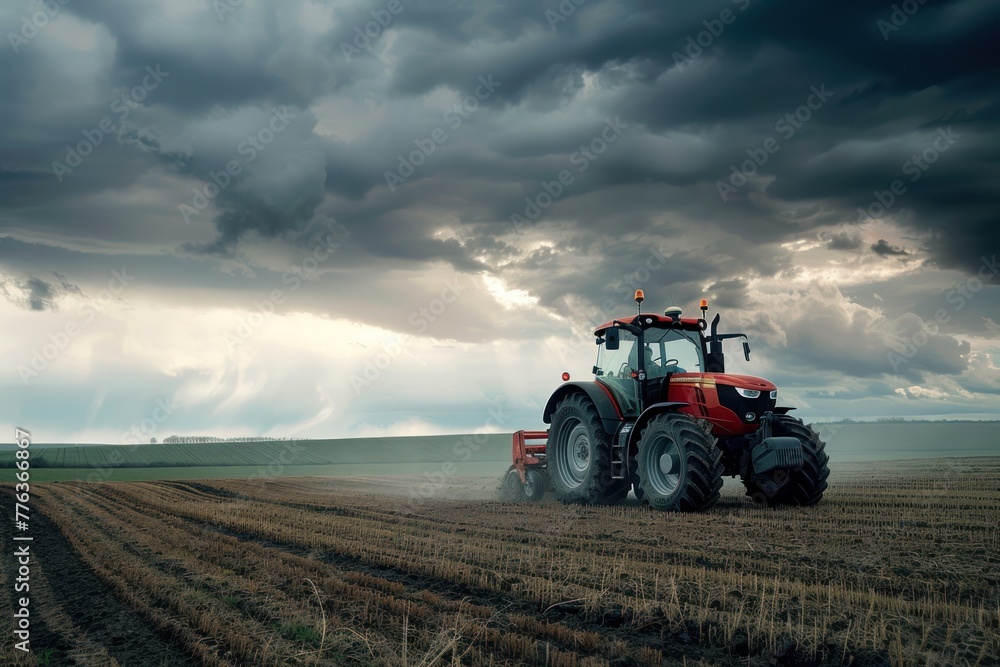 Fototapeta premium Red tractor drives across a huge field under a dramatic stormy sky, highlighting the power of modern agriculture
