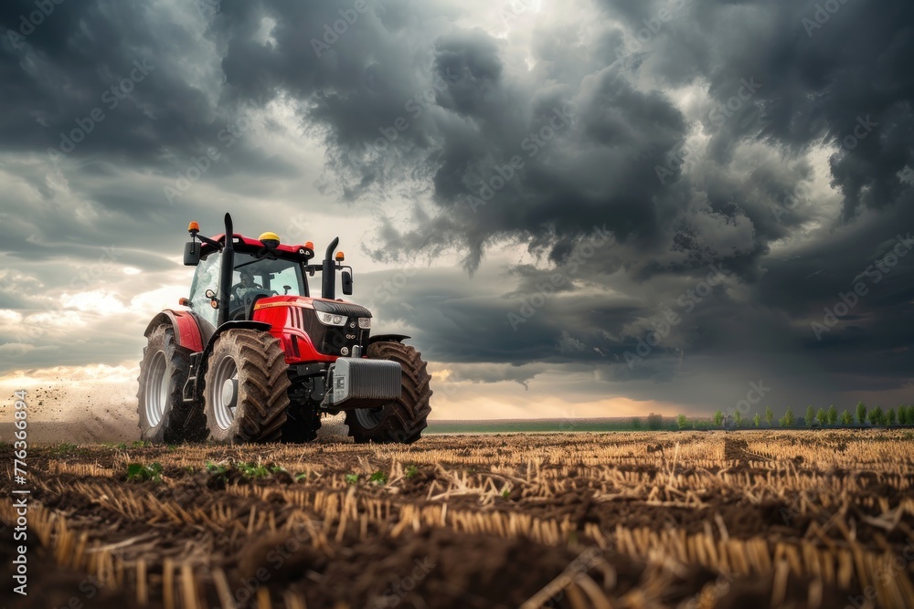 Fototapeta premium Red tractor drives across a huge field under a dramatic stormy sky, highlighting the power of modern agriculture