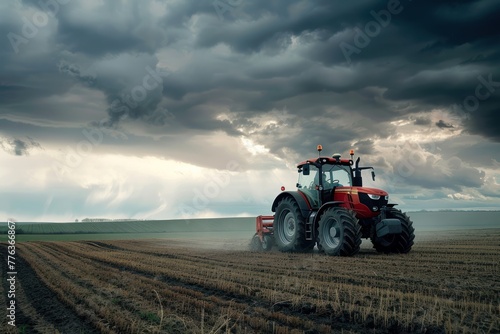 Red tractor drives across a huge field under a dramatic stormy sky, highlighting the power of modern agriculture © Anna