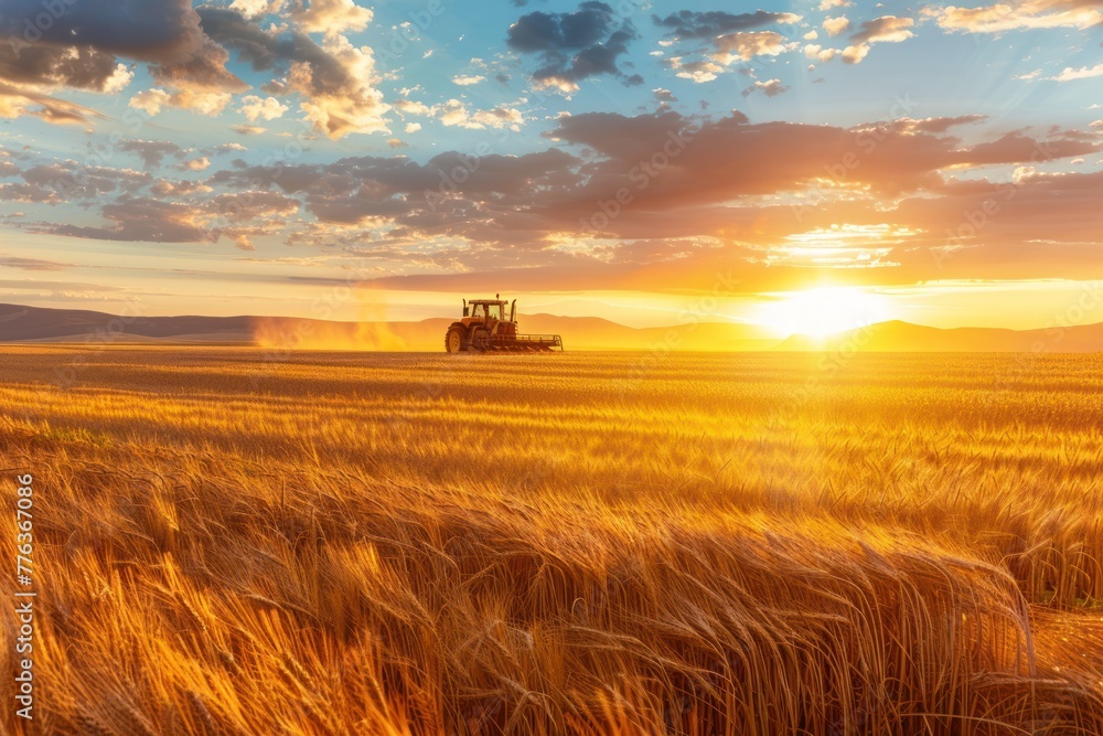 A tractor working in a golden wheat field during a breathtaking sunset in the countryside