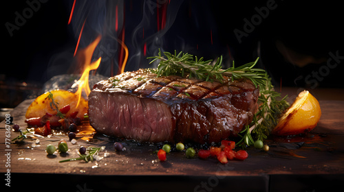 Delicious grilled steak on table on dark black background