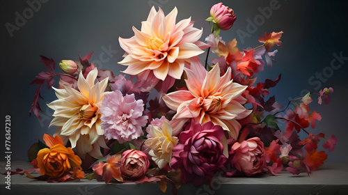 bouquet of dahlias in a vase on a gray background