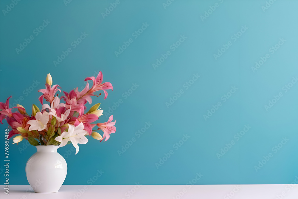 Bouquet of pink lilies in vase on blue background Bouquet of pink lilies in vase on blue background